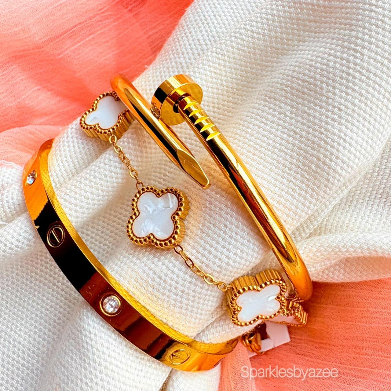 Set of 3 Bracelet Nail- Cartier- White Clover (18K Gold Plated)